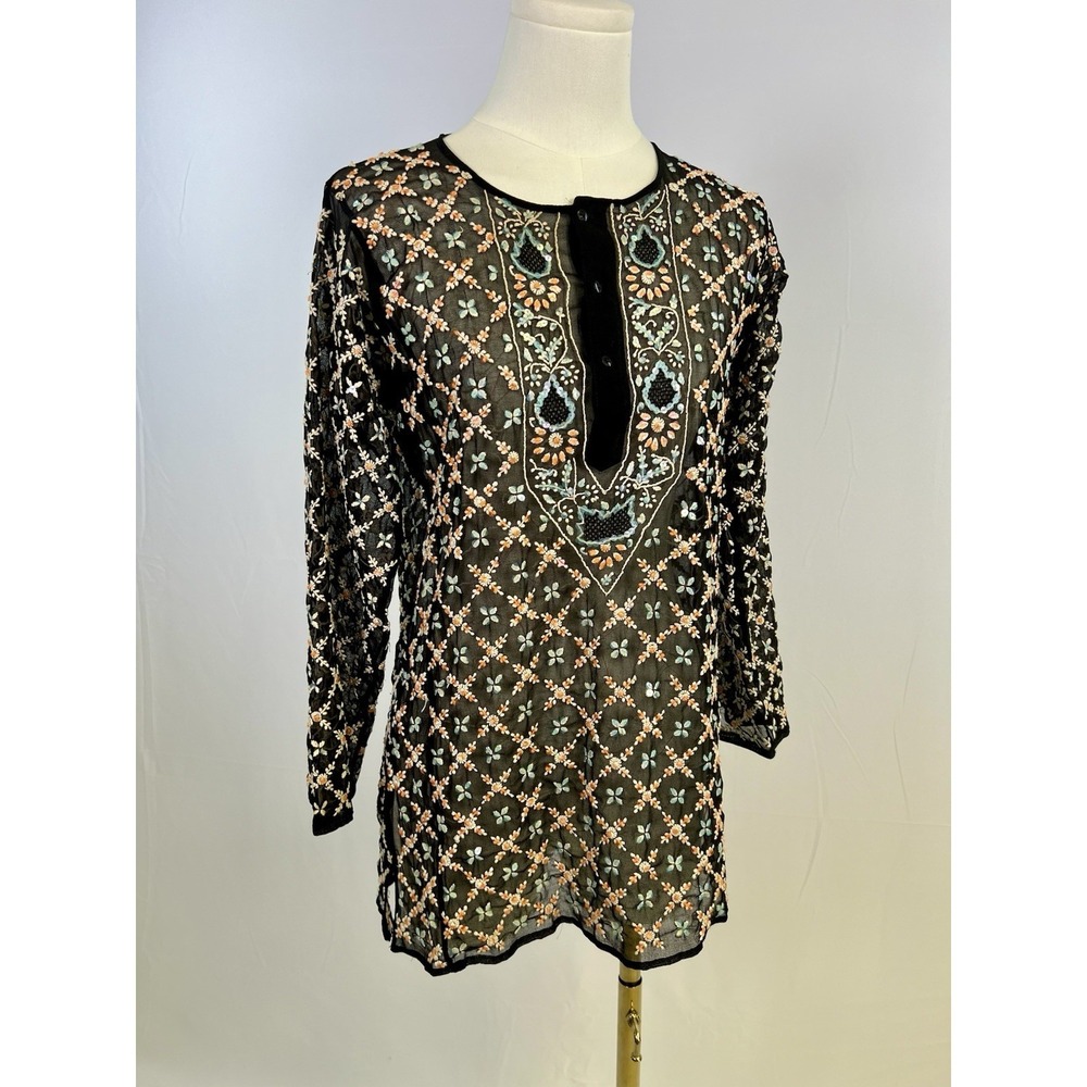 VTG Womens Tunic Boho Embroidered Embellished‎ Black Sheer Long Sleeve Sz S/M